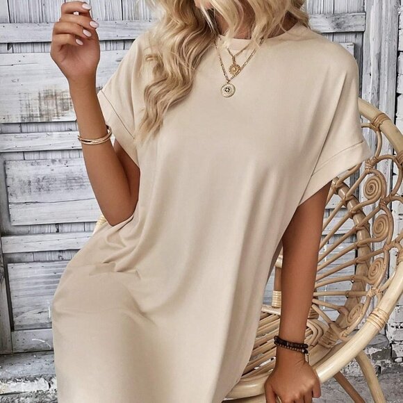 Apicot Orange Boho Womens  Solid Batwing Sleeve Hidden Pocket Tee Dress - Picture 4 of 5